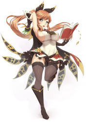 Rule 34 | 10s, 1girl, arm up, armpits, ascot, black cape, black footwear, black gloves, black ribbon, black thighhighs, blue eyes, blush, book, boots, breasts, brown hair, cape, clarisse (granblue fantasy), floating, floating book, floating object, full body, gloves, granblue fantasy, hair ribbon, highres, holding, knee boots, large breasts, leg up, long hair, looking at viewer, open book, open mouth, packge, partially visible vulva, ponytail, ribbon, shirt, sideboob, simple background, skirt, sleeveless, sleeveless turtleneck, solo, standing, standing on one leg, taut clothes, taut shirt, teeth, test tube, thighhighs, turtleneck, very long hair, white background
