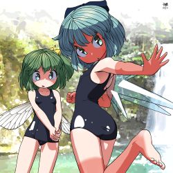 Rule 34 | 2girls, artist name, bare arms, bare shoulders, barefoot, blue bow, blue eyes, blue hair, blush, bow, cirno, collarbone, daiyousei, flat chest, green eyes, green hair, hair between eyes, hair bow, highres, huxiao (mistlakefront), ice, ice wings, leg up, looking back, multiple girls, one-piece swimsuit, open mouth, own hands together, ponytail, short hair, swimsuit, tan, tanline, touhou, water, waterfall, wings, yellow bow