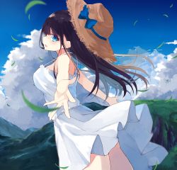 Rule 34 | 1girl, absurdres, bad id, bad pixiv id, bare arms, bare shoulders, black hair, blue bow, blue eyes, blue sky, blush, bow, breasts, cloud, day, dress, from side, hat, hat bow, highres, huge filesize, kamizaki hibana, large breasts, long hair, open mouth, original, outdoors, outstretched arms, sky, solo, straw hat, sun hat, white dress