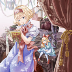 Rule 34 | 1girl, album cover, alice margatroid, bad id, bad pixiv id, birdcage, blonde hair, blue dress, blue eyes, book, bow, cage, capelet, cover, curtains, dress, glass, green ribbon, grimoire, hair bow, hairband, half-closed eyes, holding, holding book, knees together feet apart, lantern, light smile, marumari, mini person, minigirl, no nose, open book, paper, puffy short sleeves, puffy sleeves, quill, red bow, red ribbon, ribbon, rope, shanghai doll, short hair, short sleeves, sitting, solo, table, touhou, vase, white legwear