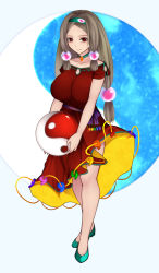 Rule 34 | 1girl, adapted costume, alternate hair length, alternate hairstyle, aoshima, breasts, brown hair, choker, collarbone, commentary request, dress, full body, green footwear, green hairband, hairband, highres, holding, large breasts, long hair, looking at viewer, magatama, orb, rainbow order, red dress, red eyes, solo, tamatsukuri misumaru, touhou, yin yang, yin yang orb
