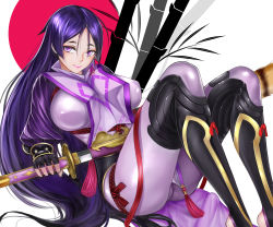 Rule 34 | 1girl, bodysuit, breasts, fate/grand order, fate (series), fingerless gloves, gloves, highres, holding, holding weapon, katana, large breasts, long hair, looking at viewer, minamoto no raikou (fate), purple eyes, purple hair, sheath, simple background, smile, solo, sword, unsheathing, very long hair, weapon, ytoy