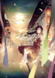 Rule 34 | 1girl, ascot, bare legs, barefoot, black hair, bow, building, canal, cloud, detached sleeves, expressionless, fish, hair bow, hair tubes, hakurei reimu, hand up, highres, lantern, looking up, muted color, paper lantern, petals, pudding (8008208820), red eyes, red skirt, sarashi, sitting, skirt, sleeveless, soaking feet, solo, streamers, sun, sunset, touhou, twilight, water, wind
