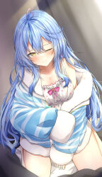 Rule 34 | 1girl, absurdres, ahoge, bare shoulders, blue hair, blush, breasts, camisole, cleavage, closed mouth, colored tips, elf, fur-trimmed jacket, fur trim, hair between eyes, hair ornament, heart, heart ahoge, highres, hololive, jacket, large breasts, long hair, looking at viewer, morupeusu, multicolored clothes, multicolored hair, multicolored jacket, off shoulder, one eye closed, partially unzipped, pointy ears, polka dot camisole, pov, seiza, sitting, sleepwear, streaked hair, two-tone jacket, virtual youtuber, white camisole, yellow eyes, yukihana lamy
