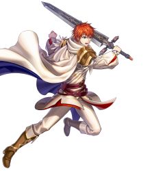Rule 34 | 1boy, alternate costume, belt, blue eyes, boots, cape, circlet, eliwood (fire emblem), feathers, fire emblem, fire emblem: the blazing blade, fire emblem heroes, full body, highres, male focus, nintendo, official art, open mouth, red hair, solo, sword, teeth, transparent background, weapon