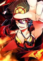 Rule 34 | :d, between breasts, bikini, black hair, breasts, collarbone, fate/grand order, fate (series), fire, foreshortening, from above, hat, looking at viewer, looking up, oda nobukatsu (fate), oda nobunaga (fate), oda nobunaga (koha-ace), oda nobunaga (swimsuit berserker) (second ascension) (fate), open mouth, outstretched arm, red eyes, sayvi, shadow, smile, solo, swimsuit