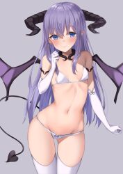 Rule 34 | 1girl, bare shoulders, bikini, blue eyes, blush, breasts, closed mouth, commentary request, demon girl, demon horns, demon tail, demon wings, elbow gloves, gloves, gluteal fold, grey background, groin, hair between eyes, hand up, highres, horns, long hair, looking at viewer, navel, original, pointy ears, purple hair, purple wings, shikapiro, simple background, small breasts, solo, swimsuit, tail, thigh gap, thighhighs, very long hair, white bikini, white gloves, white thighhighs, wings