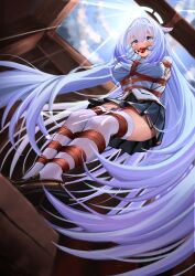Rule 34 | 1girl, absurdres, aibaihe, arms behind back, azur lane, ball gag, bdsm, black footwear, bondage, bound, bound ankles, bound arms, bound legs, breast bondage, character request, constellation (azur lane), crotch rope, gag, gagged, highres, long hair, red rope, restrained, rope, shibari, shibari over clothes, shoes, strangling, tied up (nonsexual), uniform, white hair