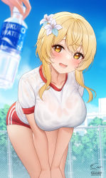 Rule 34 | 1girl, :d, artist name, bent over, blonde hair, blue sky, blush, bottle, bra visible through clothes, breasts, buruma, collarbone, commentary request, day, flower, fukuro daizi, genshin impact, gym shirt, hair flower, hair ornament, hanging breasts, highres, holding, holding bottle, large breasts, looking at viewer, lumine (genshin impact), open mouth, outdoors, plastic bottle, red buruma, see-through, shirt, short hair with long locks, short sleeves, sidelocks, signature, sky, smile, solo focus, sweat, thighs, water bottle, wet, wet clothes, wet shirt, white flower, yellow eyes