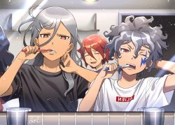 3boys bathroom black_eyes brushing_teeth closed_eyes dolustoy grey_hair haizaki_ryouhei highres holding holding_toothbrush inazuma_eleven_(series) inazuma_eleven_ares_no_tenbin kira_hiroto kiyama_hiroto long_hair looking_at_mirror male_focus mirror multicolored_eyes multicolored_hair multiple_boys one_eye_closed pink_eyes red_eyes red_hair reflection reflection_focus sweatdrop tile_wall tiles toothbrush toothbrush_in_mouth two-tone_hair upper_body