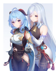 Rule 34 | 2girls, ahoge, bare shoulders, blue hair, breasts, commentary request, cosplay, costume switch, covered navel, cowboy shot, ganyu (genshin impact), ganyu (genshin impact) (cosplay), genshin impact, grey background, grey hair, high-waist skirt, highres, hip vent, horns, large breasts, lightria, long hair, multiple girls, out of frame, purple eyes, shenhe (genshin impact), shenhe (genshin impact) (cosplay), simple background, skirt, smile, standing, thighs, very long hair, white hair, white skirt