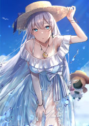 Rule 34 | 1girl, absurdres, anastasia (fate), anastasia (swimsuit archer) (fate), anastasia (swimsuit archer) (first ascension) (fate), bare shoulders, blue eyes, blue sky, blush, bracelet, breasts, collarbone, doll, dress, earrings, fate/grand order, fate (series), hair over one eye, hairband, hat, highres, hitomin (ksws7544), huge filesize, jewelry, large breasts, leaning forward, long hair, looking at viewer, necklace, off-shoulder dress, off shoulder, open mouth, pendant, see-through, see-through skirt, silver hair, skirt, sky, straw hat, thighs, very long hair, viy (fate), water drop, white dress