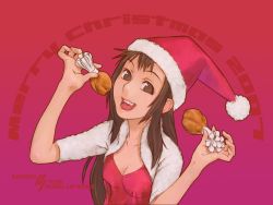 Rule 34 | 1girl, breasts, brown eyes, brown hair, chicken (food), christmas, fried chicken, original, santa costume, solo, youki katsuhiko, yuuki katsuhiko