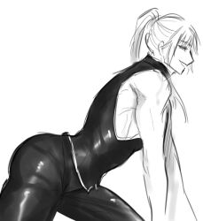 Rule 34 | 1boy, all fours, arched back, ass, chinese clothes, fei wangfang, greyscale, kengan (series), kengan omega, leather, leather pants, long hair, luxzi, male focus, monochrome, naughty face, pants, ponytail, simple background, sleeveless, smile, white background