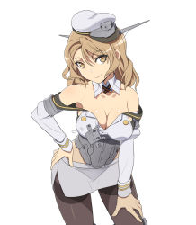 Rule 34 | 1girl, black pantyhose, breasts, brown eyes, brown ribbon, cleavage, closed mouth, coat, commentary, cowboy shot, detached collar, grey skirt, hand on own hip, hand on own thigh, hat, head tilt, houston (kancolle), jacket, kantai collection, large breasts, light brown hair, long sleeves, looking at viewer, medium hair, miniskirt, nanashino, neck ribbon, off-shoulder jacket, off shoulder, pantyhose, peaked cap, pencil skirt, ribbon, side slit, simple background, skirt, smile, solo, standing, tilted headwear, white background, white coat, white hat, white jacket, wing collar