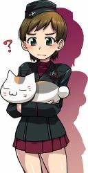 Rule 34 | 10s, 1girl, ?, animal, black hat, black jacket, brown hair, calico, cat, closed mouth, crossed arms, dress shirt, frown, garrison cap, girls und panzer, green eyes, hat, holding, holding animal, jacket, jpeg artifacts, kuromorimine military uniform, long sleeves, looking at viewer, military, military hat, military uniform, miniskirt, pleated skirt, r-ex, red shirt, red skirt, ritaiko (girls und panzer), shirt, short hair, silhouette, simple background, skirt, solo, standing, uniform, very short hair, white background