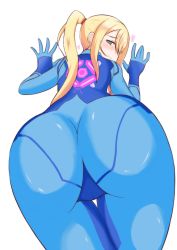 Rule 34 | 1girl, artist request, ass, blonde hair, blush, bodysuit, cameltoe, come hither, from behind, gloves, green eyes, heart, huge ass, long hair, looking at viewer, looking back, metroid, naughty face, nintendo, ponytail, samus aran, shiny clothes, skin tight, smile, solo, zero suit