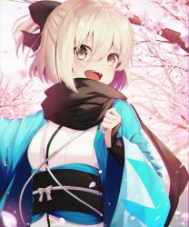 Rule 34 | 1girl, :d, ahoge, bad id, bad twitter id, black bow, black scarf, blonde hair, bow, bracer, cherry blossoms, commentary request, fate/grand order, fate (series), hair between eyes, hair bow, haori, japanese clothes, koha-ace, long sleeves, okita souji (fate), okita souji (koha-ace), open mouth, scarf, smile, solo, soya (torga), tree, upper body, wide sleeves, yellow eyes