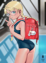 Rule 34 | 1girl, absurdres, ass, backpack, bag, blonde hair, blue eyes, blue one-piece swimsuit, blurry, commentary request, cowboy shot, dark-skinned female, dark skin, dated, depth of field, female focus, glasses, highres, indoors, long hair, looking at viewer, low twintails, nanja, one-piece swimsuit, original, pool, randoseru, rei no pool, school swimsuit, solo, standing, swimsuit, tan, translation request, twintails, v