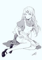 Rule 34 | 10s, 1girl, alice (alice in wonderland), alice (alice in wonderland) (cosplay), apron, bad id, bad twitter id, black footwear, constricted pupils, cosplay, dagashi kashi, dress, ear piercing, endou saya, fang, frilled apron, frilled dress, frills, greyscale, hair ornament, hairclip, halftone, highres, legs, loafers, long hair, looking at viewer, mary janes, monochrome, nikaidou kou, on ground, open mouth, piercing, shoes, short sleeves, signature, simple background, solo, sweatdrop, thighhighs, thighs, white background, white thighhighs