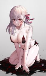 Rule 34 | 1girl, adapted costume, all fours, bare arms, bare legs, bare shoulders, bikini, black bikini, blush, breasts, cleavage, closed mouth, collarbone, commentary, dark sakura, fate/grand order, fate (series), grey background, hair between eyes, hair ribbon, highres, large breasts, long hair, looking at viewer, matou sakura, navel, pink ribbon, red eyes, ribbon, side-tie bikini bottom, signature, skindentation, smile, solo, striped bikini, striped clothes, suou-sensei, swimsuit, thighs, tsurime, v arms, white hair