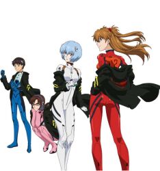 1boy 3girls ass ayanami_rei blue_bodysuit blue_hair bodysuit breasts brown_hair floating_clothes ikari_shinji interface_headset long_hair makinami_mari_illustrious mecha_pilot_suit multiple_girls neon_genesis_evangelion official_art plugsuit red_bodysuit short_hair solo souryuu_asuka_langley standing white_bodysuit wide_hips