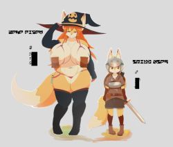 Rule 34 | 1boy, 1girl, age difference, animal ears, armor, bare shoulders, bikini, black thighhighs, bra, breasts, brown eyes, brown shirt, censored, cupless bikini, cupless bra, curvy, ears through headwear, elbow gloves, fingerless gloves, fox, fox boy, fox ears, fox girl, fox tail, furry, gloves, grey background, half-closed eyes, hat, helmet, holding, holding clothes, holding hat, holding weapon, huge breasts, kyuuri, long hair, looking at viewer, looking to the side, mars symbol, matching hair/eyes, naughty face, navel, orange eyes, orange hair, paper, pasties, pink bikini, red eyes, red hair, shield, shiny clothes, shiny skin, shirt, sidelocks, size difference, skindentation, smile, swimsuit, sword, tail, text focus, thick thighs, thighhighs, thighs, underwear, venus symbol, vial, weapon, wide hips, witch, witch fox (kyuuri), witch hat