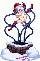Rule 34 | 1girl, animated, animated gif, boots, bouncing breasts, braid, breasts, chimney, denpun), dildo, female ejaculation, gloves, hat, holding, lowres, navel, nipples, open mouth, pixel art, ponytail, public indecency, pussy, pussy juice, rape, red eyes, red gloves, red thighhighs, restrained, santa hat, sex toy, snow, solo, spread legs, suspension, tagme, tentacles, thighhighs, uncensored, vaginal, warabin (suteki denpun), white background