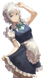 Rule 34 | 1girl, apron, arched back, arm up, blue eyes, blue shirt, blue skirt, blue vest, bow, braid, closed mouth, collared shirt, frilled skirt, frills, green bow, hair bow, izayoi sakuya, leaning back, looking at viewer, maid headdress, miniskirt, nasubin (nasubisamurai15), shirt, short hair with long locks, short sleeves, sidelocks, silver hair, simple background, skirt, skirt hold, solo, standing, thighhighs, touhou, twin braids, vest, waist apron, white apron, white background, white shirt, white thighhighs, wing collar
