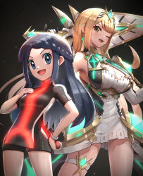 Rule 34 | 2girls, aegis sword (xenoblade), bare shoulders, blonde hair, breasts, chest jewel, cleavage, cleavage cutout, clothing cutout, creatures (company), dawn (pokemon), dress, earrings, elbow gloves, game freak, gloves, gonzarez, highres, jewelry, large breasts, long hair, multiple girls, mythra (xenoblade), name connection, nintendo, pokemon, pokemon bdsp, short dress, super smash bros., swept bangs, tiara, very long hair, white dress, white gloves, xenoblade chronicles (series), xenoblade chronicles 2, yellow eyes