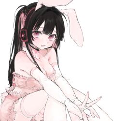 Rule 34 | 1girl, animal ears, bare shoulders, black hair, blush, breasts, cleavage, detached collar, dress, elbow gloves, fake animal ears, gloves, headset, highres, iq033, long hair, looking at viewer, medium breasts, multicolored hair, open mouth, original, pink dress, pink eyes, pink hair, rabbit ears, short dress, simple background, smile, solo, thighhighs, two-tone hair, v, white background, white gloves, white thighhighs