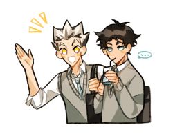 Rule 34 | ..., 2boys, akaashi keiji, backpack, bag, black hair, blue eyes, blue neckwear, bokuto koutarou, chibi, claireiosity, closed mouth, collared shirt, cup, drink, drinking, drinking straw, eyebrows, grey sweater, haikyuu!!, hair up, holding, holding cup, light blush, long sleeves, looking at viewer, male focus, matching outfits, multicolored hair, multiple boys, necktie, open mouth, pale skin, school bag, school uniform, shirt, short hair, shoulder bag, sleeves past elbows, speech bubble, spiked hair, striped neckwear, sweater, sweater vest, two-tone hair, waving, white background, white hair, white shirt, yellow eyes