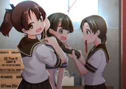 Rule 34 | 3girls, ayanami (kancolle), blue sailor collar, blurry, box, braiding hair, brown eyes, brown hair, brown sailor collar, brown skirt, cowboy shot, depth of field, hair ribbon, hairdressing, holding, holding own hair, kantai collection, kunsei hamu, long hair, looking at viewer, mouth hold, multiple girls, open mouth, pleated skirt, ponytail, ribbon, sailor collar, shikinami (kancolle), short hair, skirt, uranami (kancolle), window