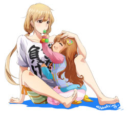 Rule 34 | 10s, 2girls, 71, :3, age difference, aged down, aged up, artist name, barefoot, blonde hair, brown eyes, brown hair, candy, child, closed eyes, clothes writing, feet, food, futaba anzu, hair ornament, idolmaster, idolmaster cinderella girls, lollipop, long hair, low twintails, moroboshi kirari, multiple girls, onee-loli, open mouth, role reversal, seiza, shirt, simple background, sitting, smile, t-shirt, twintails, white background, yellow legwear, yuri