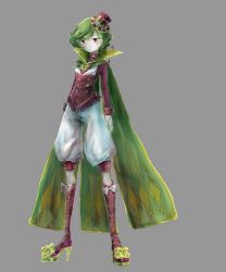 Rule 34 | 1girl, androgynous, arms at sides, boots, cape, full body, green cape, green hair, grey background, hat, high heel boots, high heels, knee boots, looking at viewer, pale skin, personification, pokemon, red eyes, red footwear, short hair, solo, standing, tsareena, yeah m