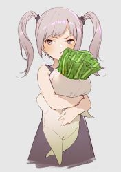 Rule 34 | 1girl, bare shoulders, blush, child, closed mouth, dress, grey background, grey eyes, grey hair, hugging object, long hair, mogumo, original, pout, simple background, solo, stuffed toy, twintails