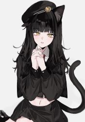 Rule 34 | 1girl, animal ear fluff, animal ears, aogisa, black hair, black hat, black jacket, black skirt, black tail, blunt bangs, cat ears, cat girl, cat tail, collared shirt, commentary, cowboy shot, cropped jacket, eyelashes, female focus, hat, highres, interlocked fingers, jacket, long hair, long sleeves, looking at viewer, midriff peek, miniskirt, navel, original, own hands clasped, own hands together, parted lips, pleated skirt, shirt, simple background, skirt, slit pupils, solo, tail, tail raised, wavy hair, white background, white shirt, wing collar, yellow eyes