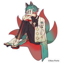Rule 34 | 1boy, amenochi hare, animal ears, anklet, aqua hair, bandaged foot, bandages, bishounen, black gloves, black pants, copyright notice, crossed legs, dangle earrings, earrings, fox ears, fox tail, full body, gloves, hair between eyes, highres, jewelry, knees up, looking at viewer, male focus, multicolored hair, multiple tails, neo-porte, pants, red eyes, red hair, sandals, short hair, sitting, slit pupils, solo, tail, two-tone hair, virtual youtuber, white background, yagami tsukumo