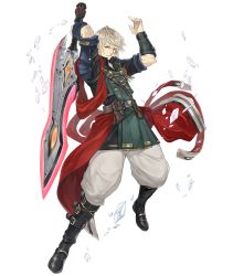 Rule 34 | 1boy, blonde hair, blue eyes, boots, crossover, crystal, final fantasy, final fantasy brave exvius, full body, ji no, looking at viewer, male focus, official art, rain (ff be), serious, sinoalice, solo, sword, transparent background, vambraces, waist cape, weapon