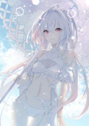 Rule 34 | ahoge, bad id, bad pixiv id, bare shoulders, bikini, breasts, cloud, cloudy sky, fate/grand order, fate (series), frilled bikini, frills, highres, lady avalon (fate), lady avalon (second ascension) (fate), long hair, looking at viewer, medium breasts, merlin (fate/prototype), nanaharu (0420), navel, parasol, purple eyes, sky, swimsuit, thigh gap, twintails, umbrella, very long hair, white bikini, white hair