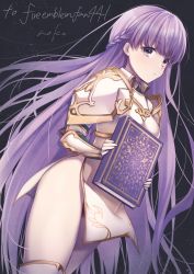 Rule 34 | 1girl, absurdly long hair, absurdres, alternate costume, armor, black background, book, boots, commission, dress, female focus, fire emblem, fire emblem: the binding blade, fire emblem heroes, gauntlets, gloves, highres, holding, holding book, long hair, looking at viewer, matching hair/eyes, nintendo, noko, pegasus knight uniform (fire emblem), purple eyes, purple hair, second-party source, short dress, shoulder armor, simple background, solo, sophia (fire emblem), thigh boots, thighhighs, very long hair, white dress, white footwear, white gloves, zettai ryouiki