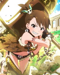 Rule 34 | 10s, 1girl, artist request, brown eyes, brown hair, chain, futami ami, grin, hair ornament, hammer, idolmaster, idolmaster (classic), idolmaster million live!, official art, side ponytail, smile, weapon