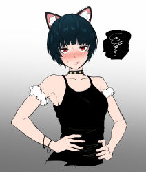 Rule 34 | 1girl, absurdres, animal ear fluff, animal ears, armpits, bare shoulders, black hair, blush, breasts, cat ears, closed mouth, collar, cropped torso, female focus, gradient background, hands on own hips, highres, looking at viewer, nose blush, persona, persona 5, red eyes, short hair, simple background, solo, spoken squiggle, squiggle, sweatdrop, takemi tae, tank top, upper body, valtor