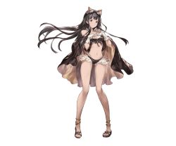 Rule 34 | 10s, 1girl, alternate costume, animal ears, ankle cuffs, anklet, bikini, black eyes, black hair, blunt bangs, breasts, buttons, cape, cat ears, full body, gloves, goggles, goggles on head, granblue fantasy, jessica (granblue fantasy), jewelry, large breasts, long hair, long legs, minaba hideo, official art, sandals, shoes, smile, solo, standing, swimsuit, toeless footwear, transparent background, very long hair, white gloves