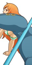 Rule 34 | 1girl, ass, between buttocks, bikini, bikini top only, game cg, long hair, looking at viewer, mike inel, nami (one piece), one piece, open mouth, polearm, smile, solo, split, spread legs, striped bikini, striped clothes, swimsuit, transparent background, weapon, wide spread legs