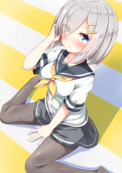 Rule 34 | 10s, 1girl, absurdres, between legs, black pantyhose, blue eyes, blush, breasts, buttons, closed mouth, collarbone, from above, go-1, grey skirt, hair ornament, hairclip, hamakaze (kancolle), hand between legs, hand in own hair, hand up, highres, kantai collection, looking at viewer, looking up, neckerchief, pantyhose, pleated skirt, sailor collar, school uniform, serafuku, short hair, short sleeves, silver hair, sitting, skirt, sleeve cuffs, smile, solo, tareme, two-tone background, wariza, yellow neckerchief