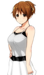 Rule 34 | 1girl, alternate breast size, bare shoulders, breasts, brown eyes, brown hair, cleavage, erkaz, hirasawa ui, k-on!, large breasts, ponytail, short hair, smile, solo, standing, white background
