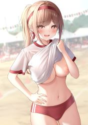 Rule 34 | 1girl, absurdres, breasts, brown hair, buruma, hand on own hip, highres, large breasts, long hair, long image, monaka curl, navel, nipples, original, outdoors, solo, standing, sweat, tall image