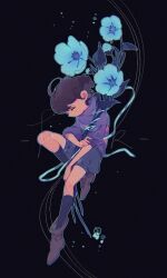 Rule 34 | 1other, ahoge, androgynous, ankle boots, blue background, blue flower, blue outline, blue shorts, blue socks, boots, brown footwear, brown hair, character name, child, chinese commentary, commentary request, expressionless, flower, frisk (undertale), from side, full body, hand on own arm, highres, jitome, knee up, kneehighs, lazy kun, leaf, no pupils, no sclera, other focus, outline, profile, puffy shorts, purple sweater, short hair, shorts, simple background, socks, sweater, undertale, yellow eyes