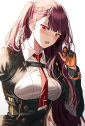 Rule 34 | 1girl, bad id, bad twitter id, black skirt, blazer, blush, braid, breasts, buttons, collared shirt, double-breasted, framed breasts, french braid, girls&#039; frontline, gloves, hair ribbon, half updo, high-waist skirt, holding, holding own hair, jacket, large breasts, long hair, looking at viewer, necktie, one side up, open mouth, purple hair, red eyes, red necktie, ribbon, shirt, silence girl, simple background, skirt, sleeve cuffs, solo, striped clothes, striped shirt, sweat, tsundere, twirling hair, very long hair, wa2000 (girls&#039; frontline), white background